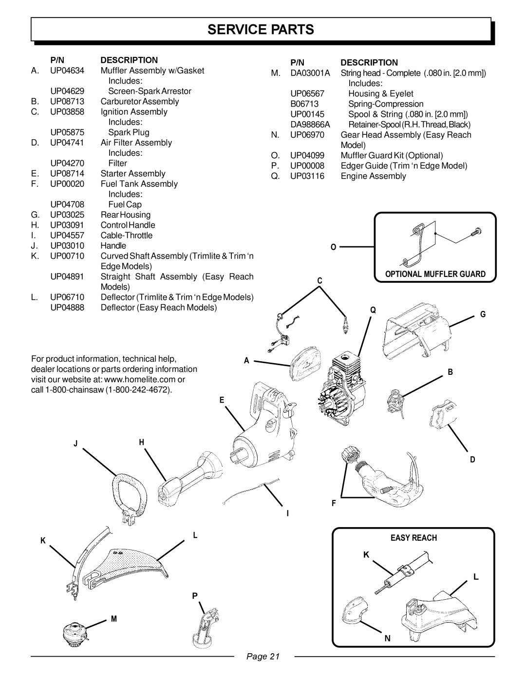 Homelite UT20763 manual Service Parts, Description 