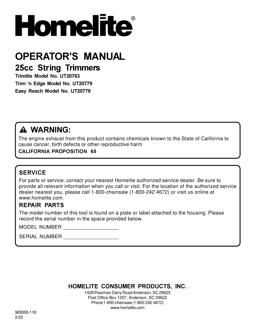 Homelite UT20763 manual Service Repair Parts, California Proposition 