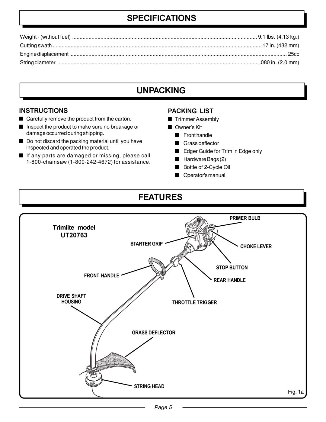 Homelite UT20763 manual Specifications, Unpacking, Features, Instructions, Packing List 