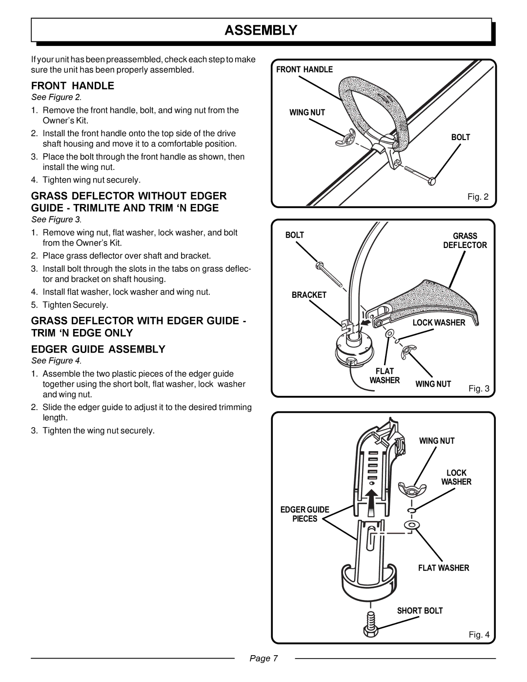 Homelite UT20763 manual Assembly, Front Handle, See Figure 