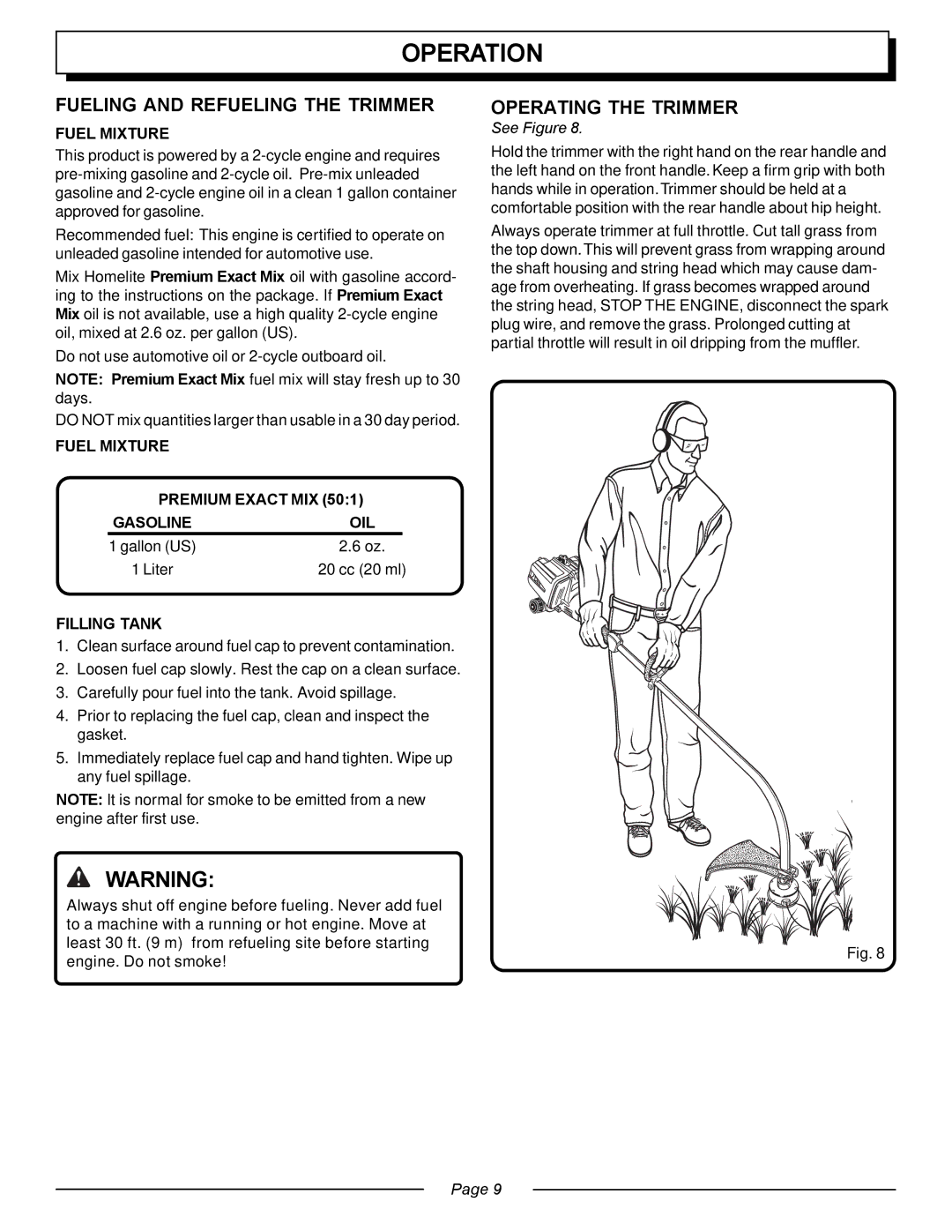 Homelite UT20763 manual Operation, Fueling and Refueling the Trimmer, Operating the Trimmer 