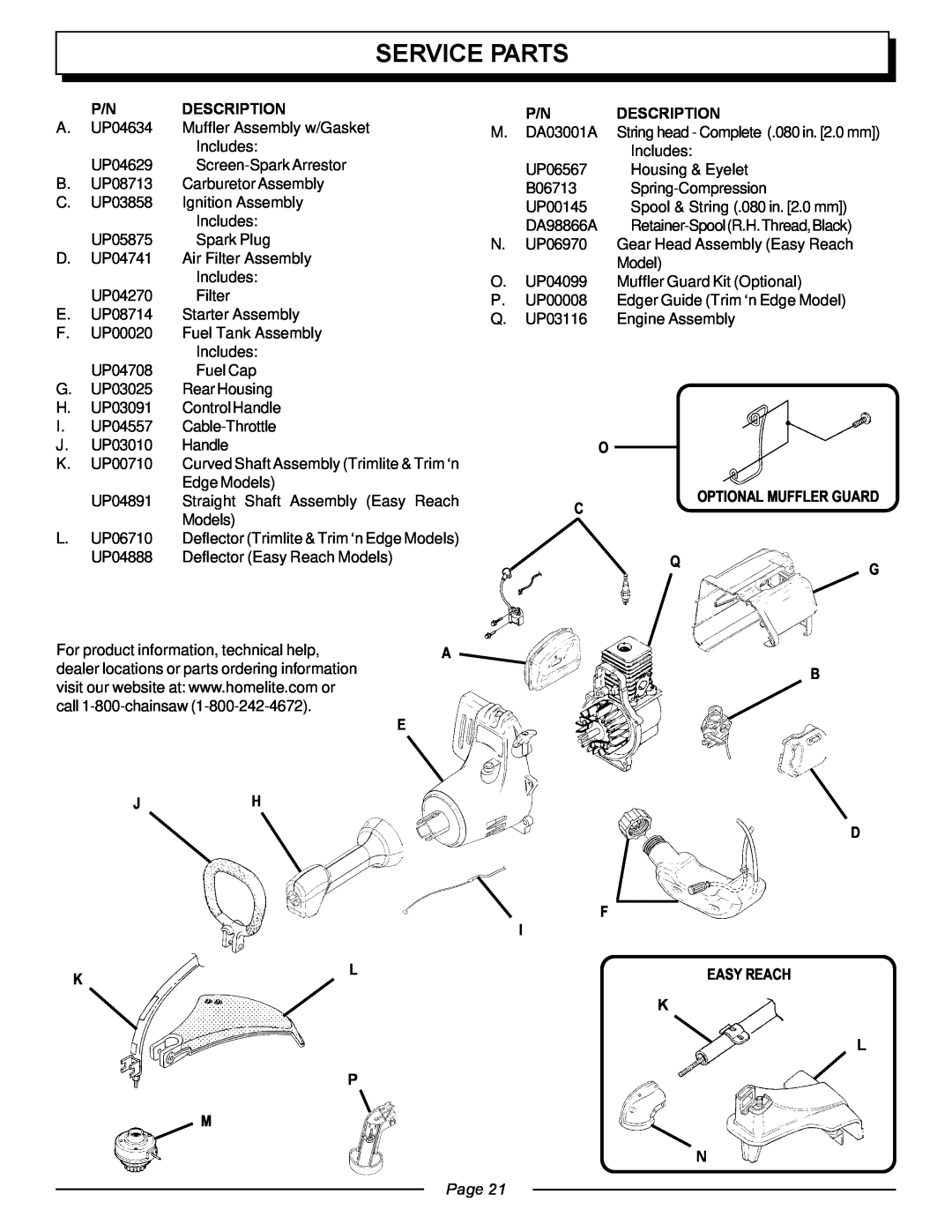Homelite UT20763 manual Service Parts, P/N Description, K L P, Page 