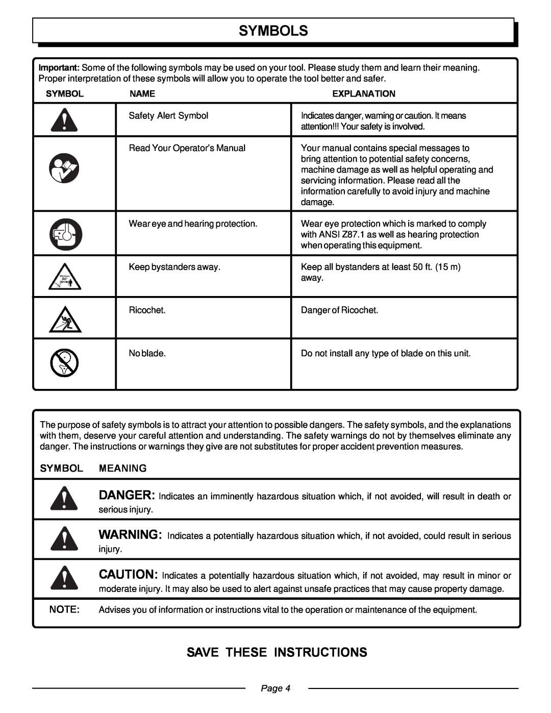 Homelite UT20763 manual Symbols, Save These Instructions, Symbol Meaning, Name, Explanation, Page 