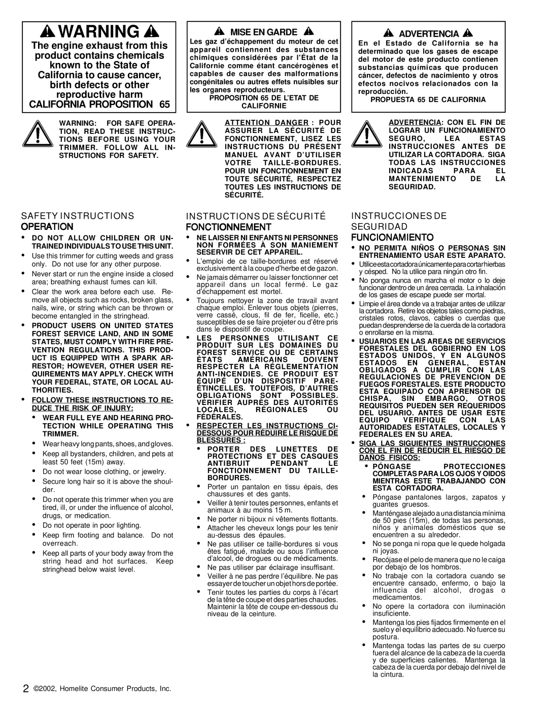 Homelite UT20811 warranty Safety Instructions Operation, Instructions DE Sécurité Fonctionnement 