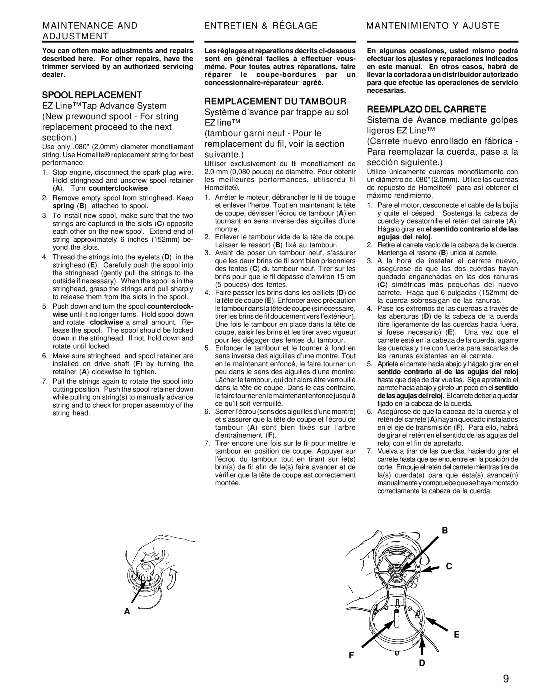 Homelite UT20811 warranty Maintenance Adjustment, Spool Replacement Entretien & Réglage Mantenimiento Y Ajuste 