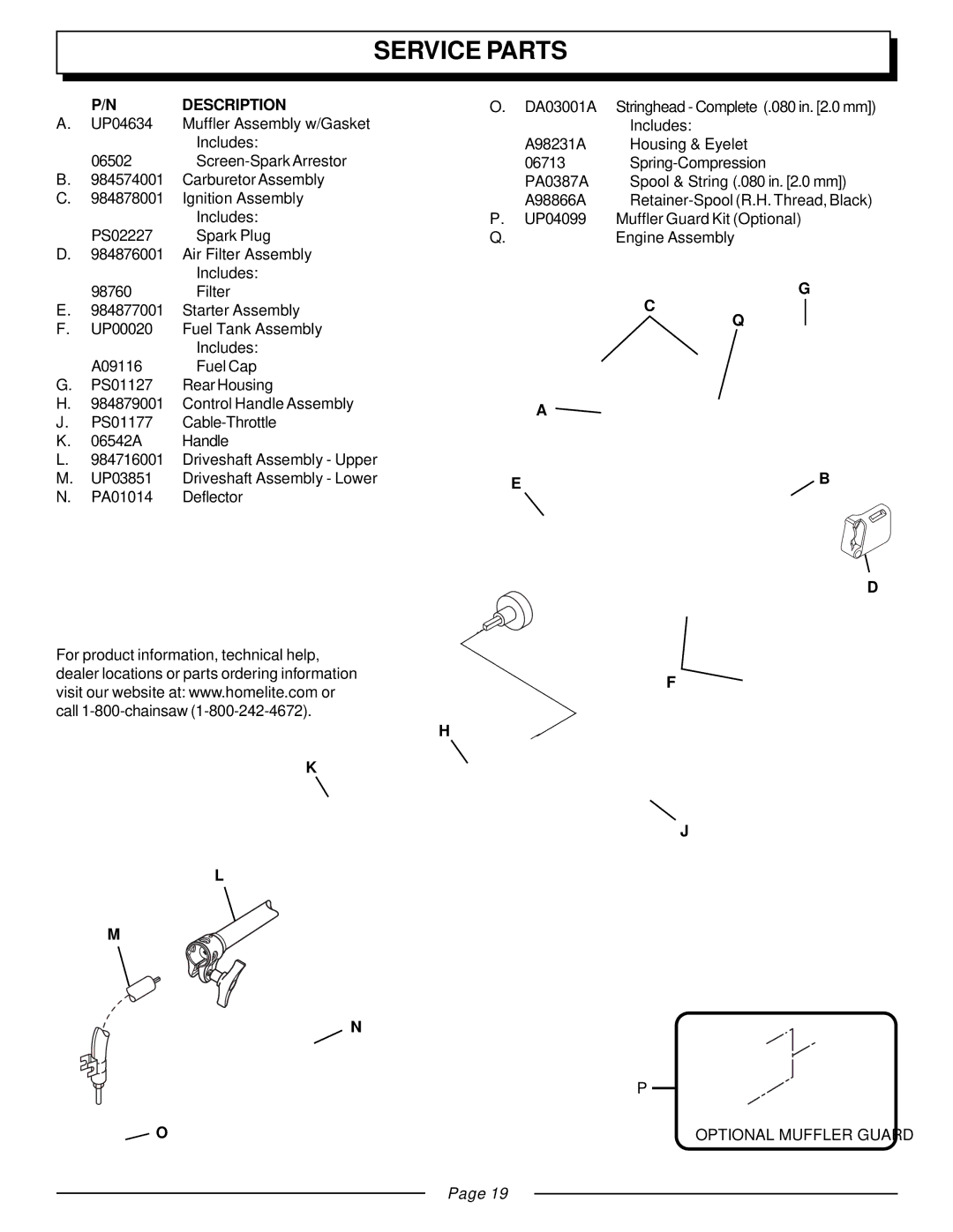 Homelite UT20811E manual Service Parts, Description 