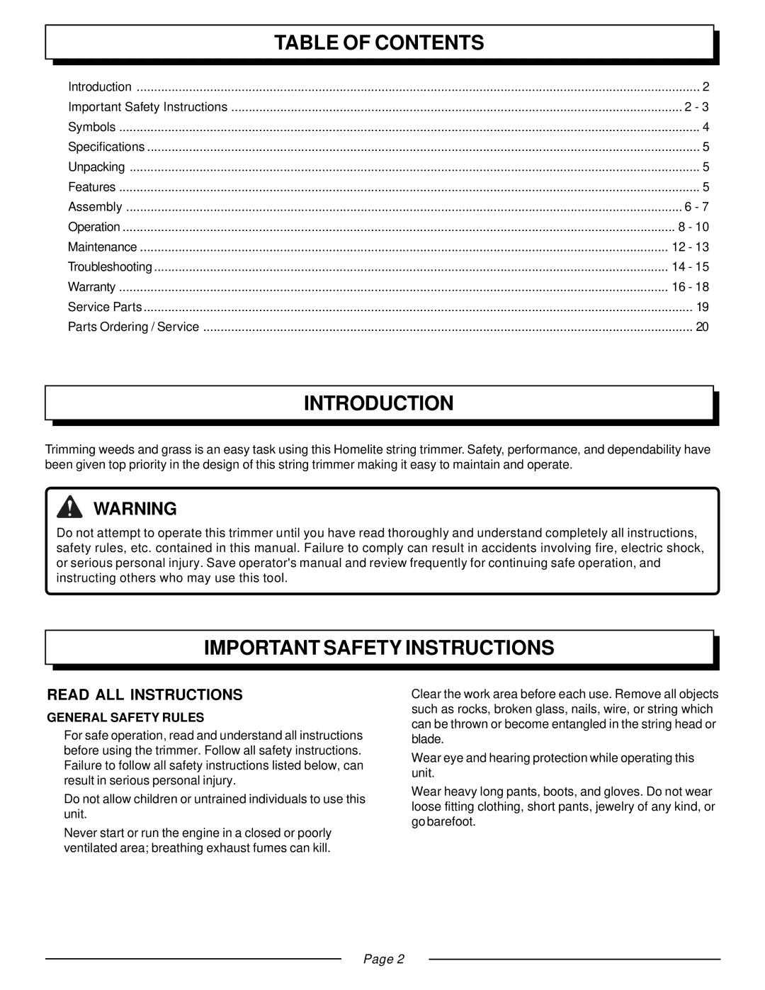 Homelite UT20811E manual Table of Contents, Introduction, Important Safety Instructions 