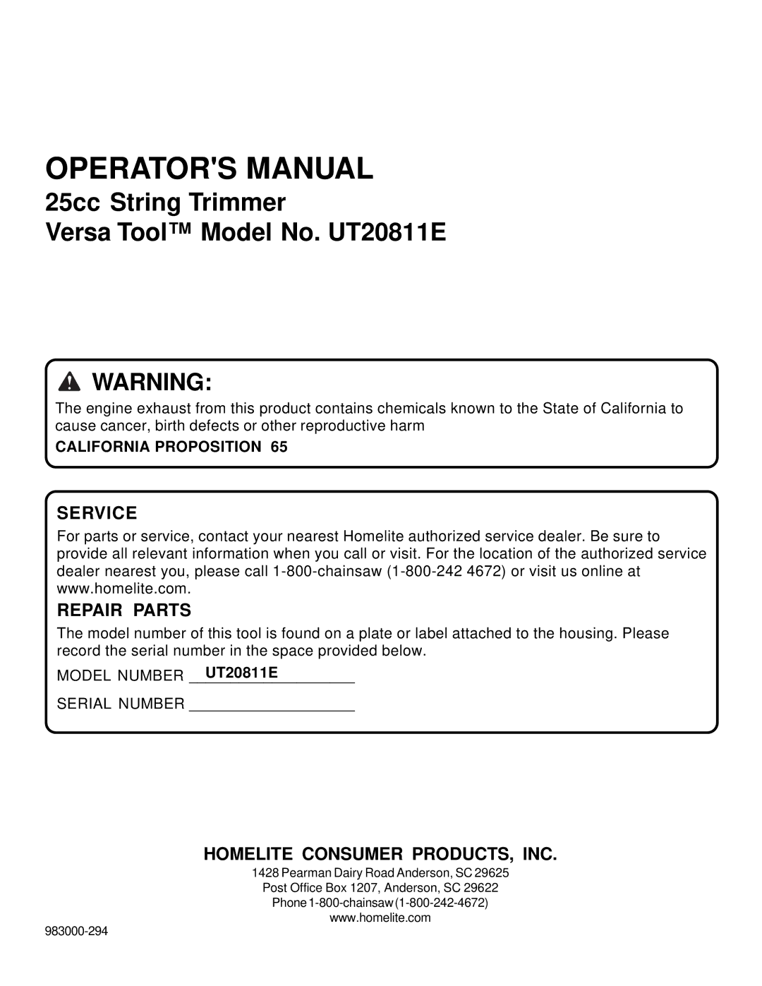 Homelite UT20811E manual Service Repair Parts, California Proposition 