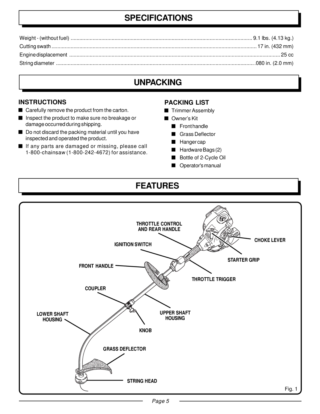 Homelite UT20811E manual Specifications, Unpacking, Features, Instructions, Packing List 