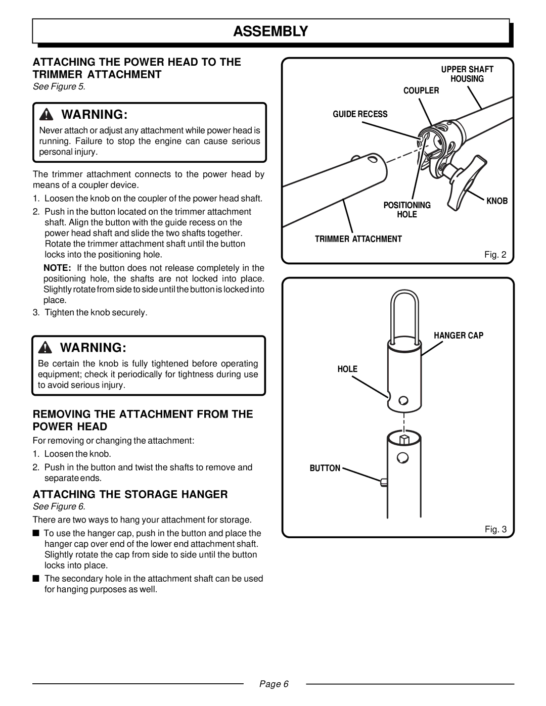 Homelite UT20811E manual Assembly, Attaching the Power Head to the Trimmer Attachment, Attaching the Storage Hanger 