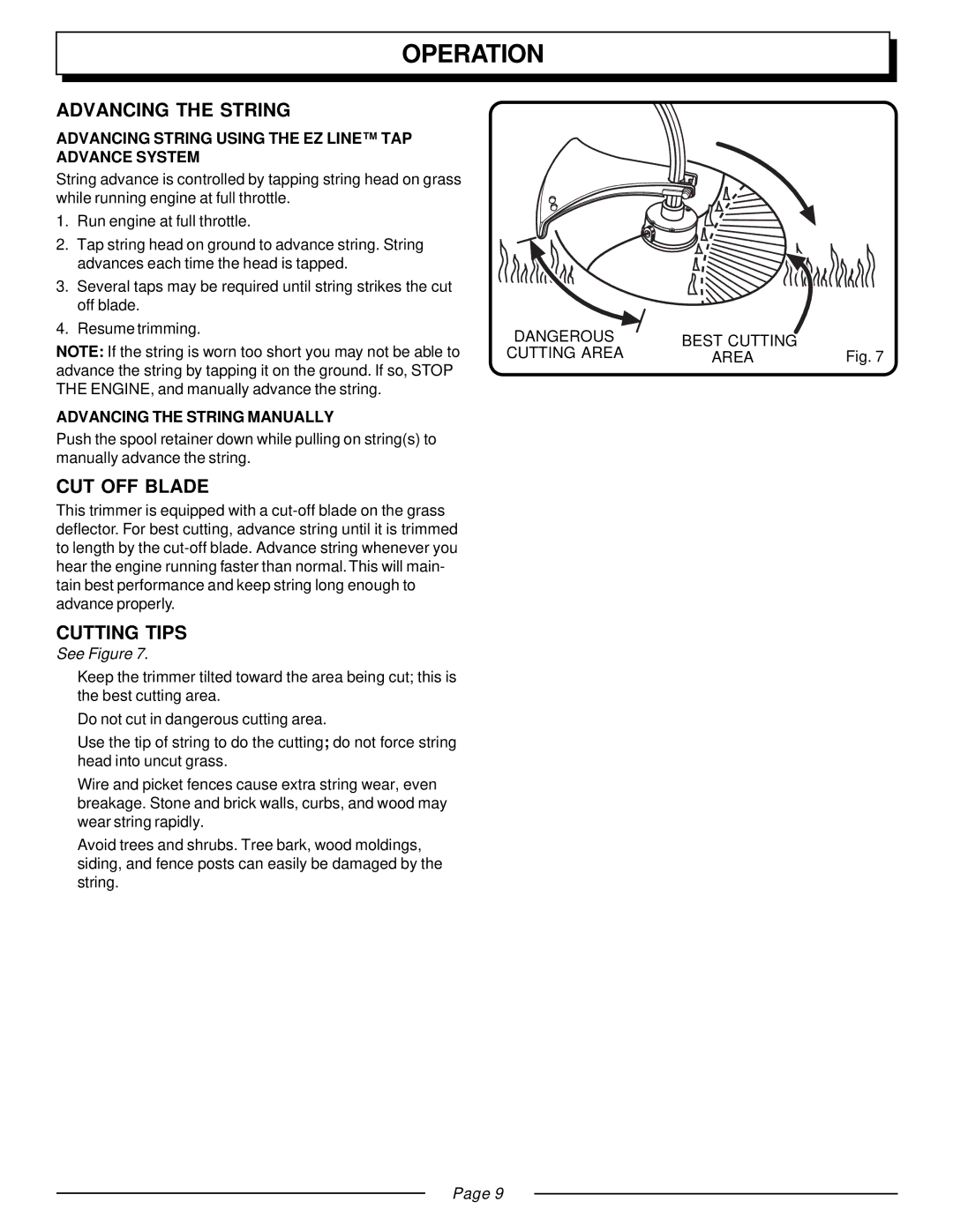 Homelite UT20811E manual Operation, Advancing the String, CUT OFF Blade, Cutting Tips 