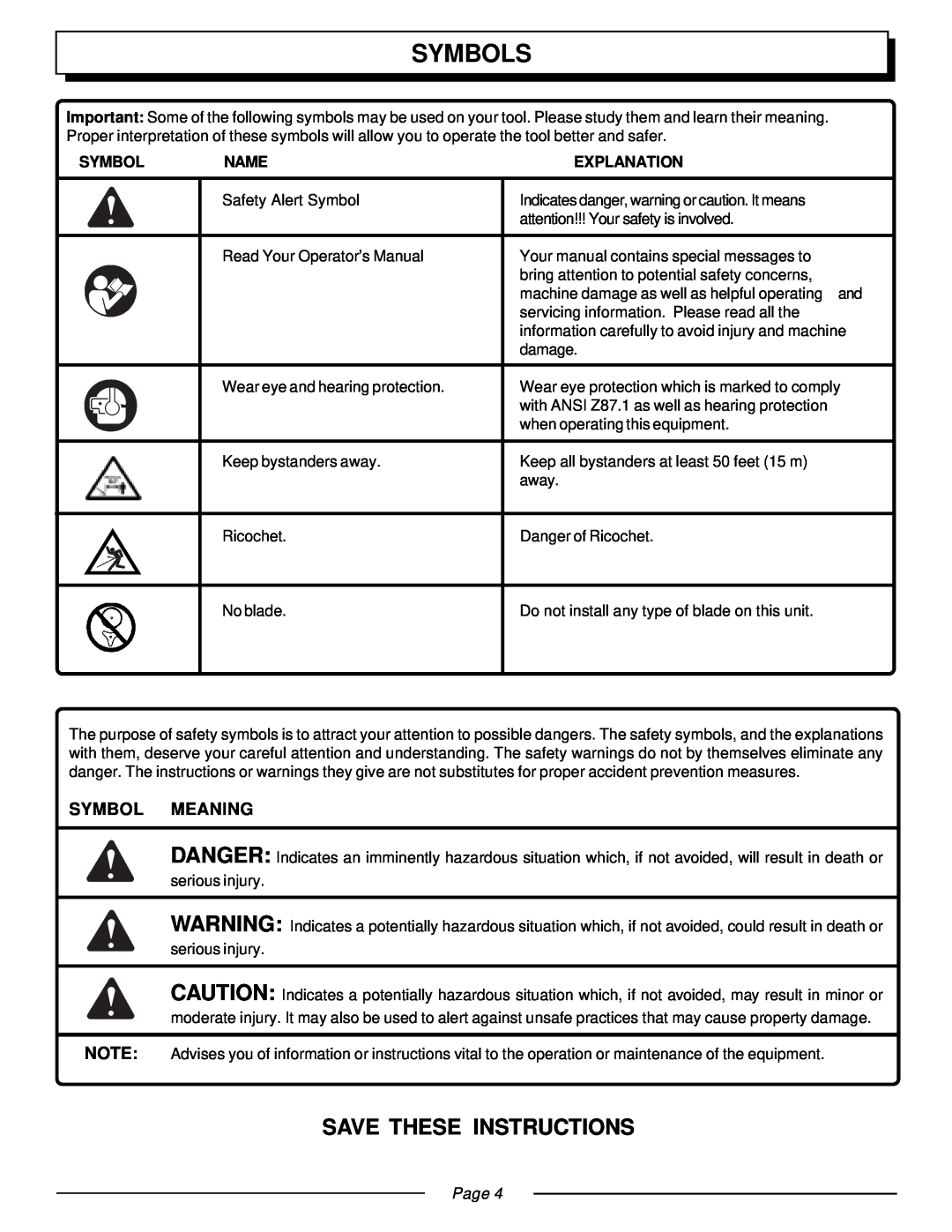 Homelite UT20811E manual Symbols, Save These Instructions, Symbol Meaning, Name, Explanation, Page 
