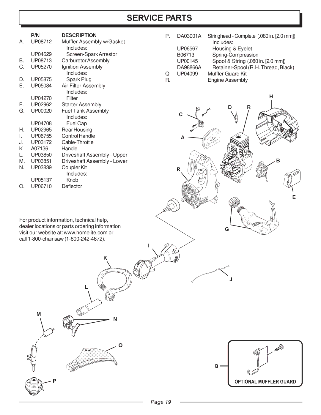 Homelite UT20818 manual Service Parts, Description 