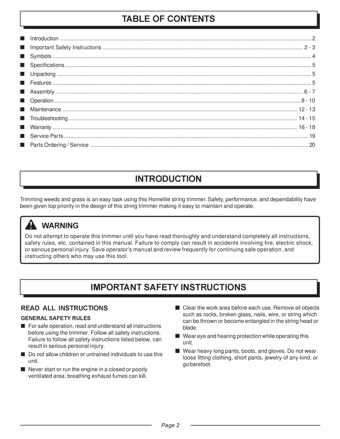 Homelite UT20818 manual Table of Contents, Introduction, Important Safety Instructions 