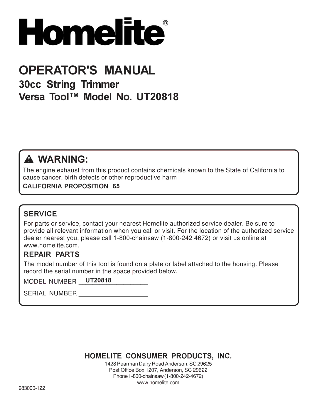 Homelite UT20818 manual Service Repair Parts, California Proposition 