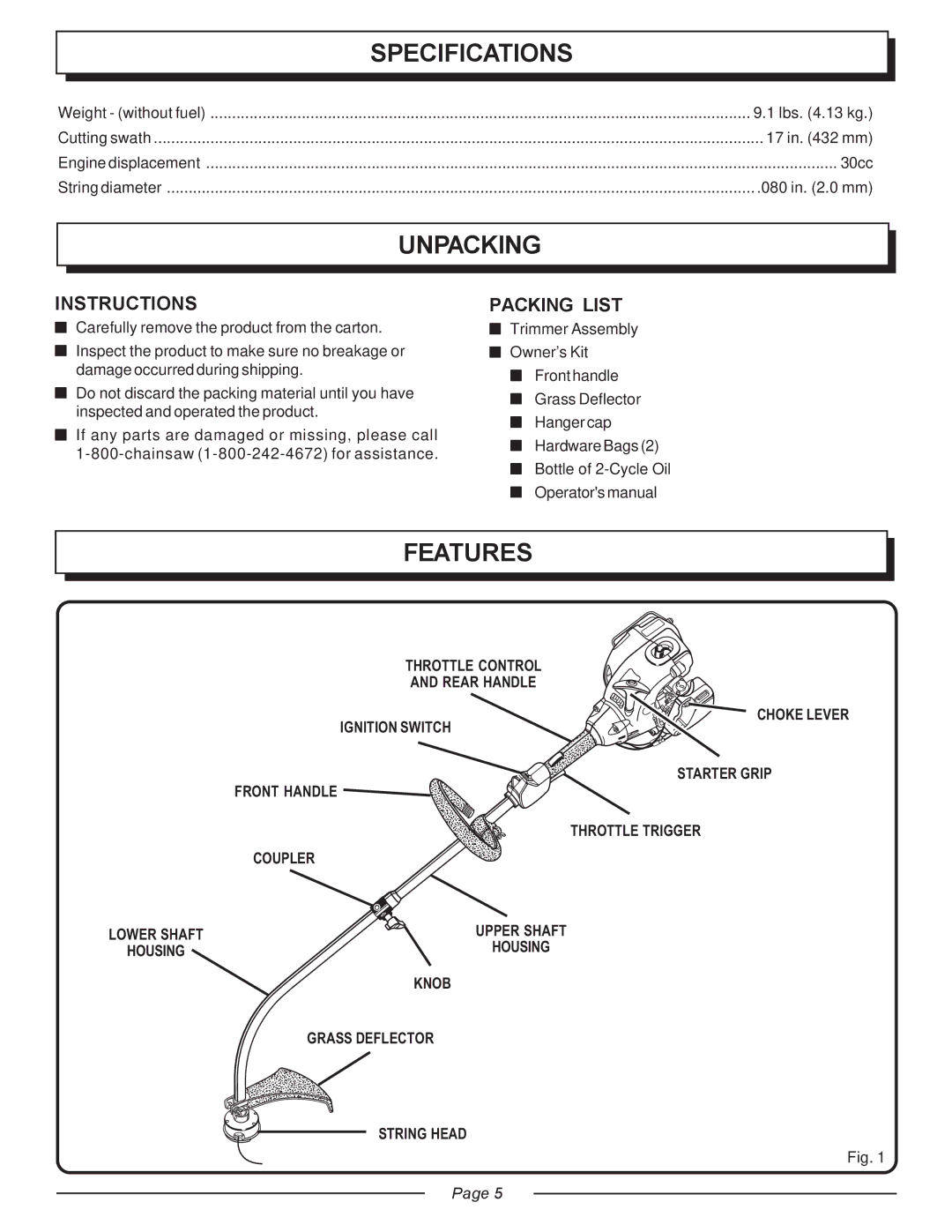 Homelite UT20818 manual Specifications, Unpacking, Features, Instructions, Packing List 