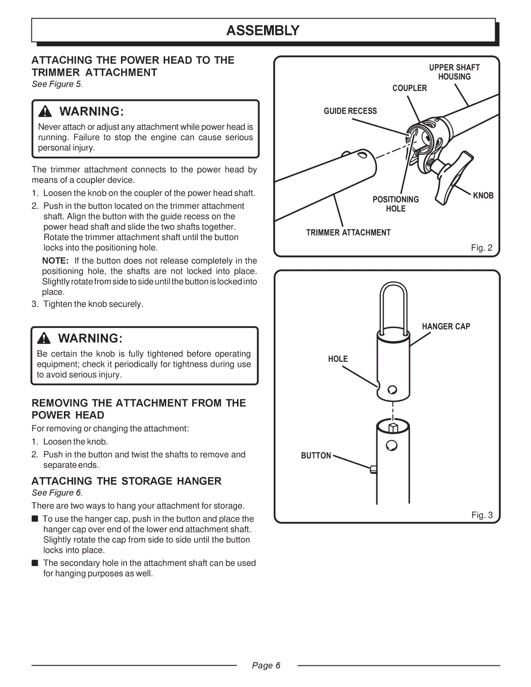 Homelite UT20818 Assembly, Attaching the Power Head to the Trimmer Attachment, Removing the Attachment from the Power Head 