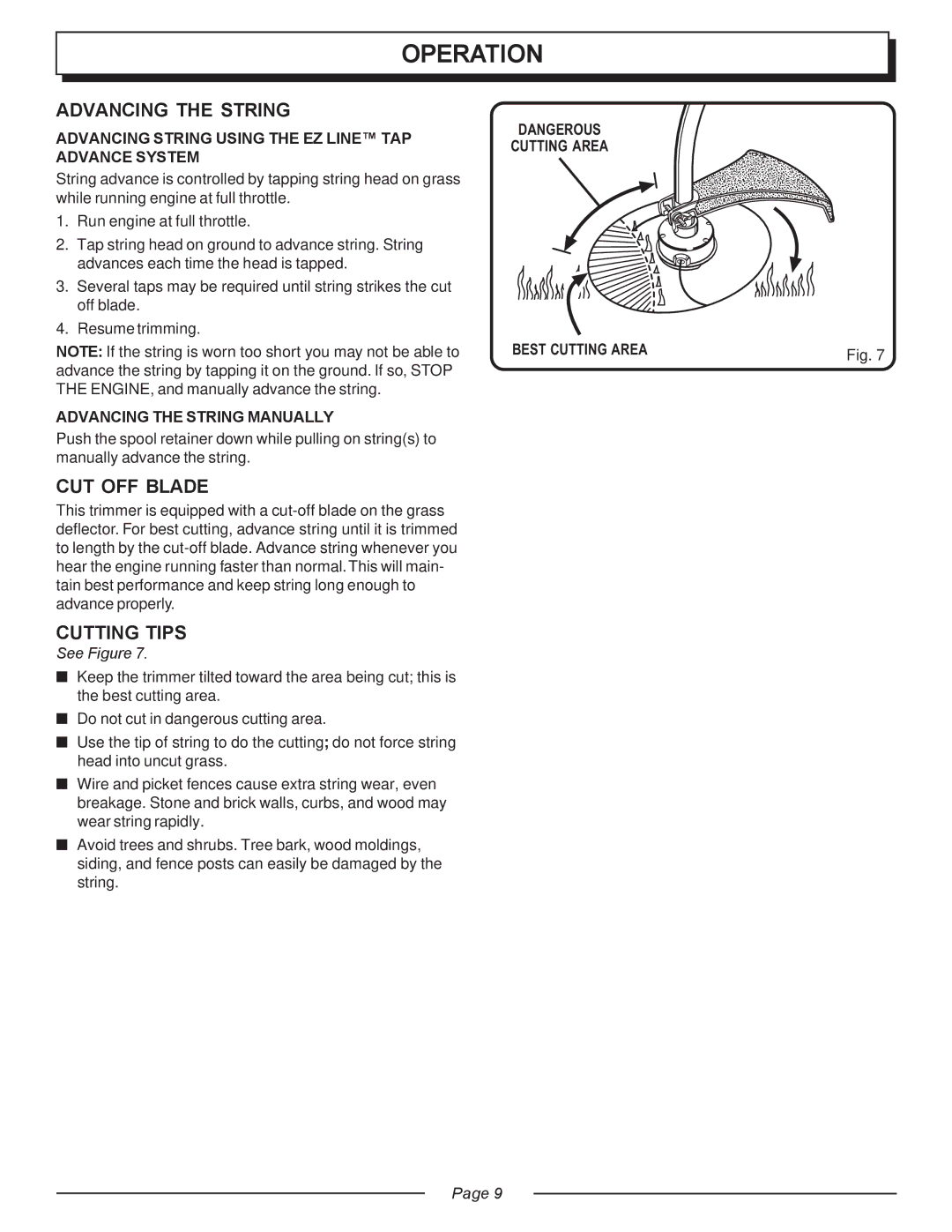 Homelite UT20818 manual Operation, Advancing the String, CUT OFF Blade, Cutting Tips 