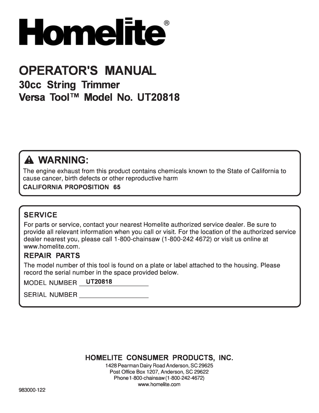 Homelite UT20818 manual Service, Repair Parts, Homelite Consumer Products, Inc, California Proposition, Operators Manual 