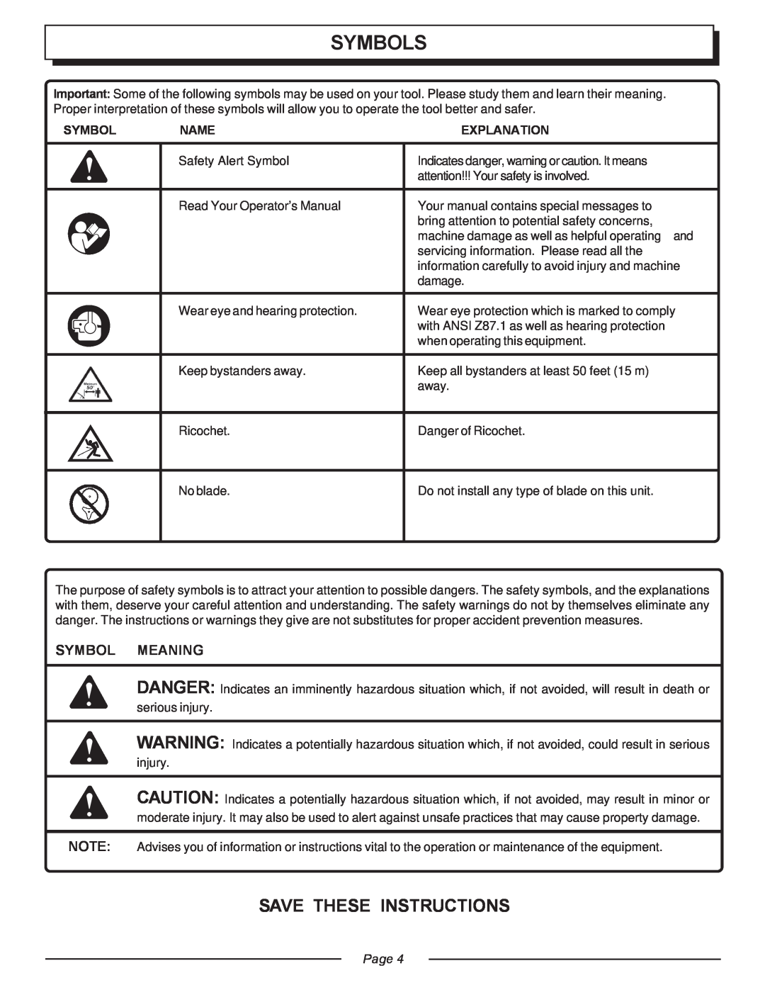 Homelite UT20818 manual Symbols, Save These Instructions, Symbol Meaning, Name, Explanation, Page 