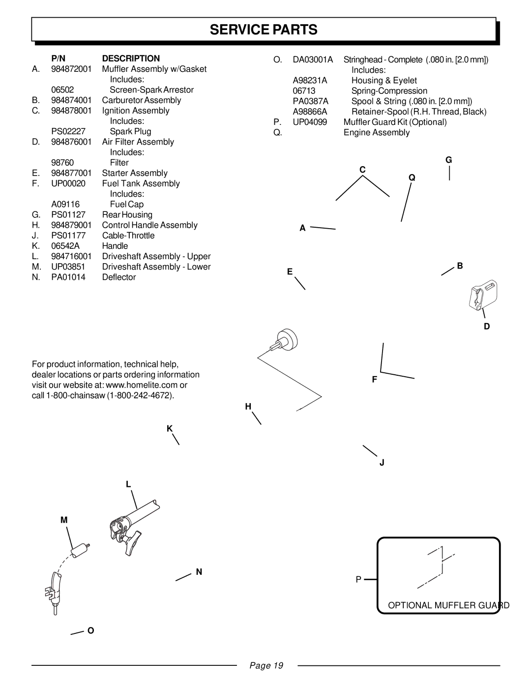 Homelite UT20818A manual Service Parts, Description, Optional Muffler Guard 