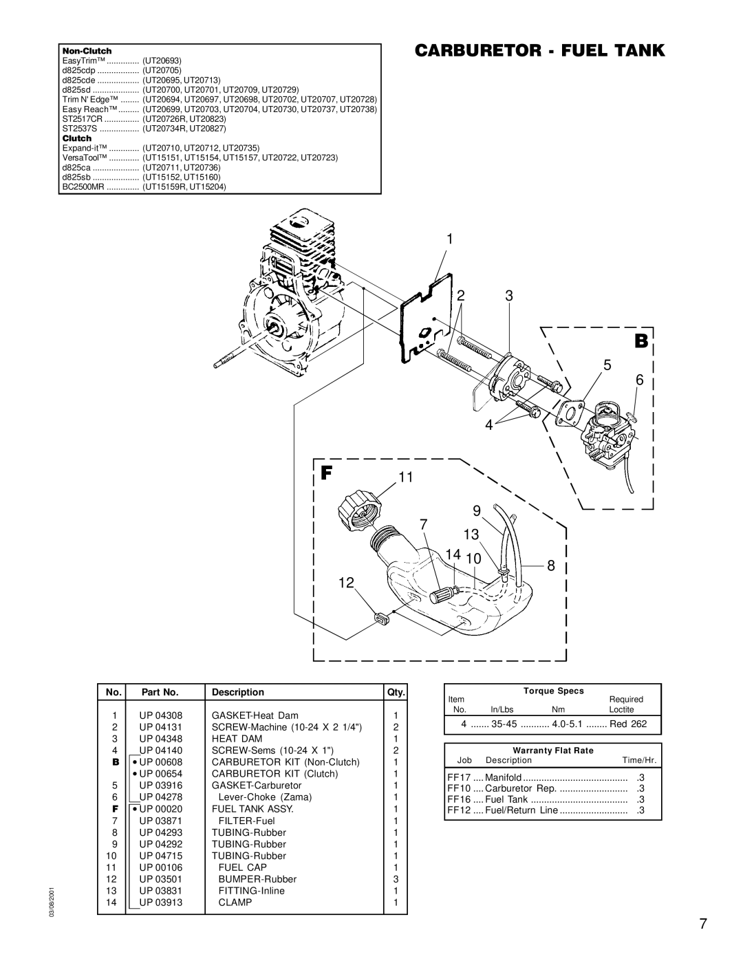 Homelite UT20711, UT20827, UT20729, UT20730, UT20823, UT20722 Carburetor Fuel Tank, Heat DAM, Fuel Tank Assy, Fuel CAP, Clamp 