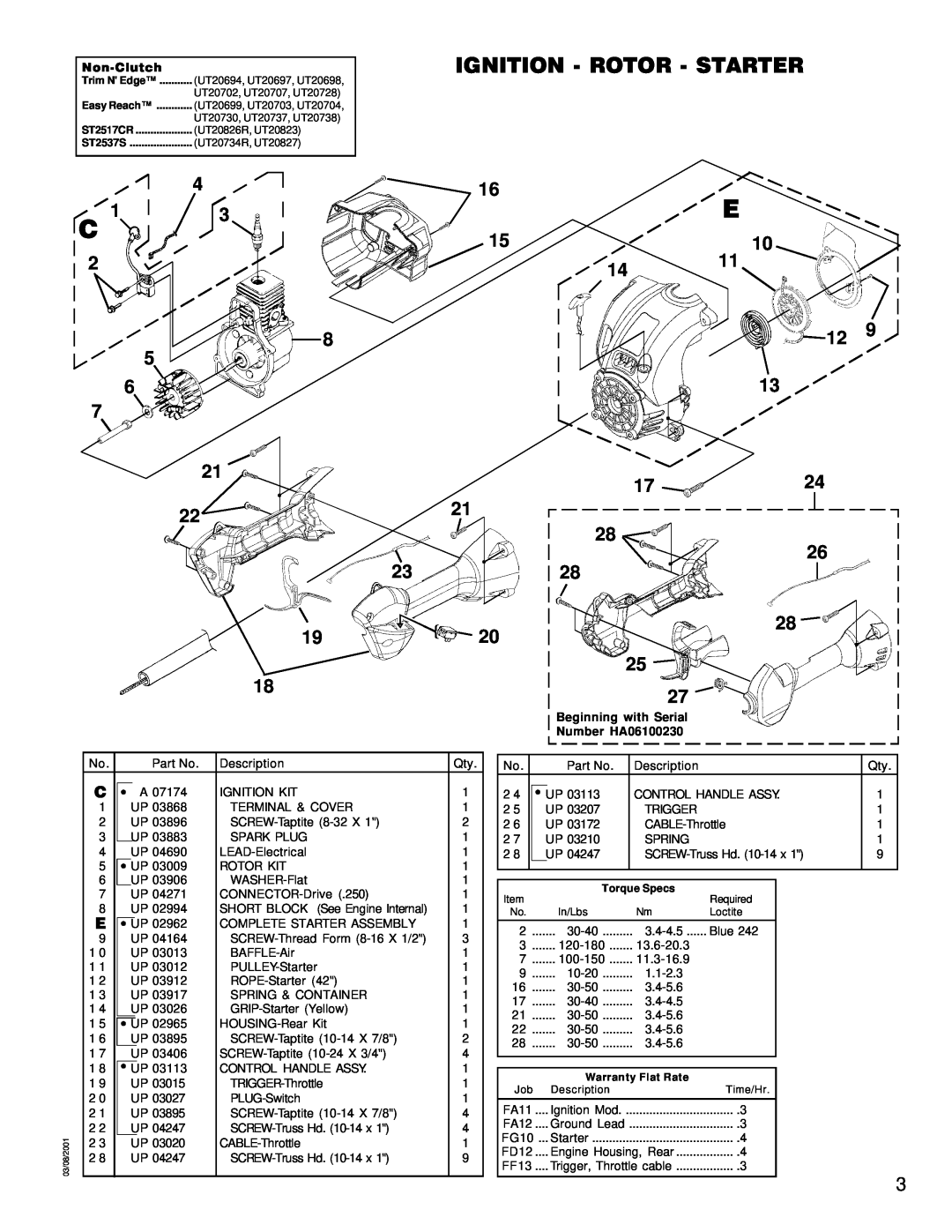 Homelite UT20823 manual Ignition - Rotor - Starter, Beginning with Serial Number HA06100230, Trim N Edge, ST2517CR, ST2537S 