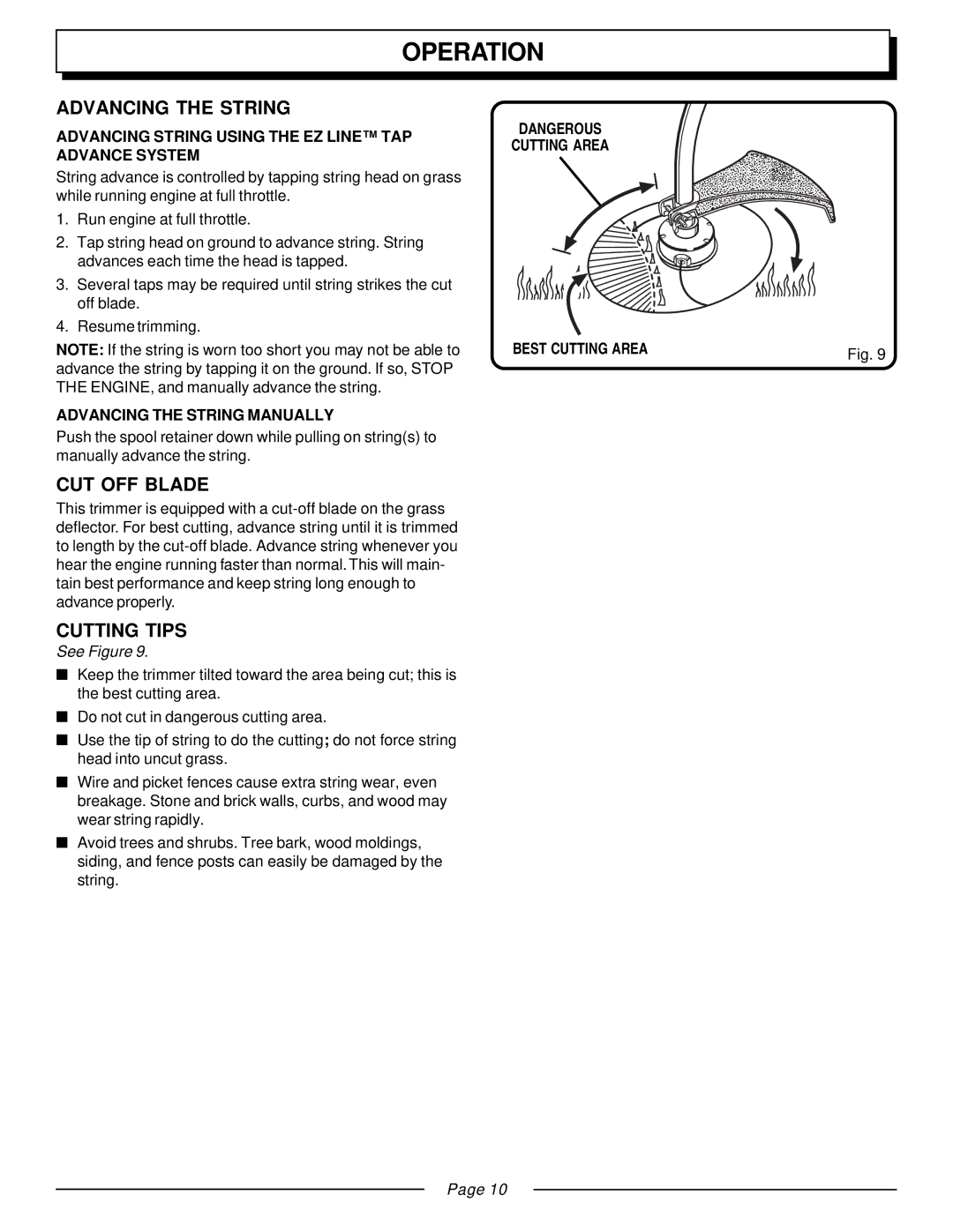 Homelite UT20930, UT20933 manual Advancing the String, CUT OFF Blade, Cutting Tips 