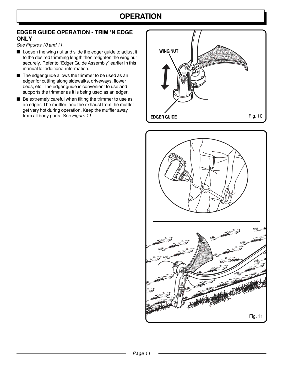 Homelite UT20933, UT20930 manual Edger Guide Operation Trim ‘N Edge only, See Figures 10, Wing NUT Edger Guide 