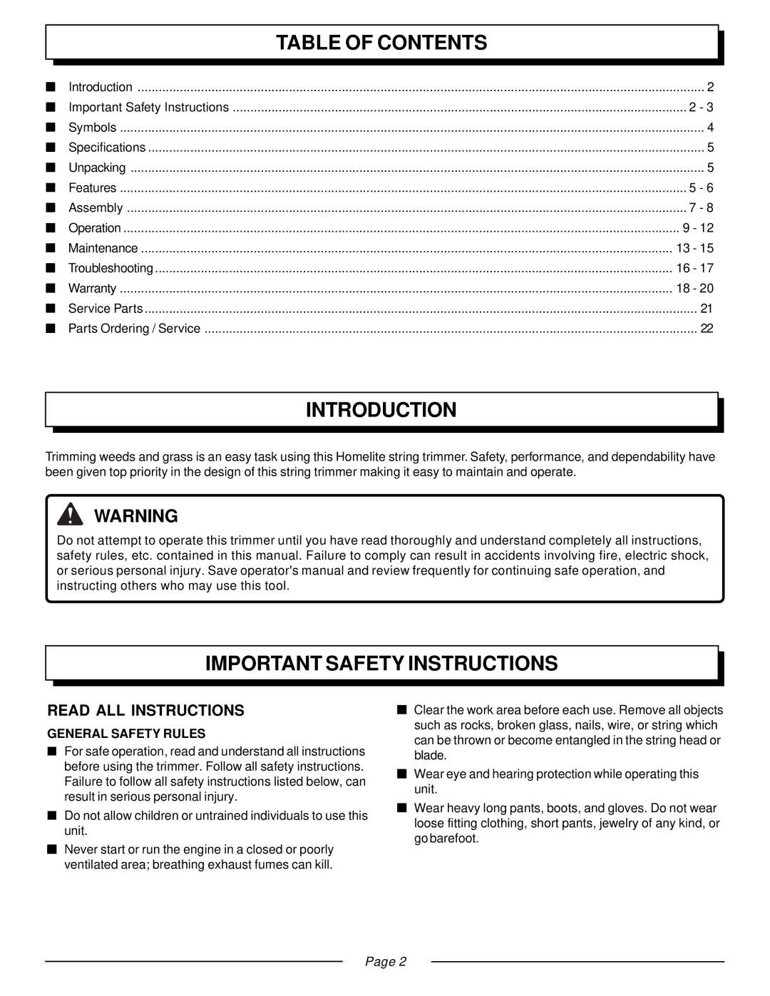 Homelite UT20930, UT20933 manual Table of Contents, Introduction, Important Safety Instructions 