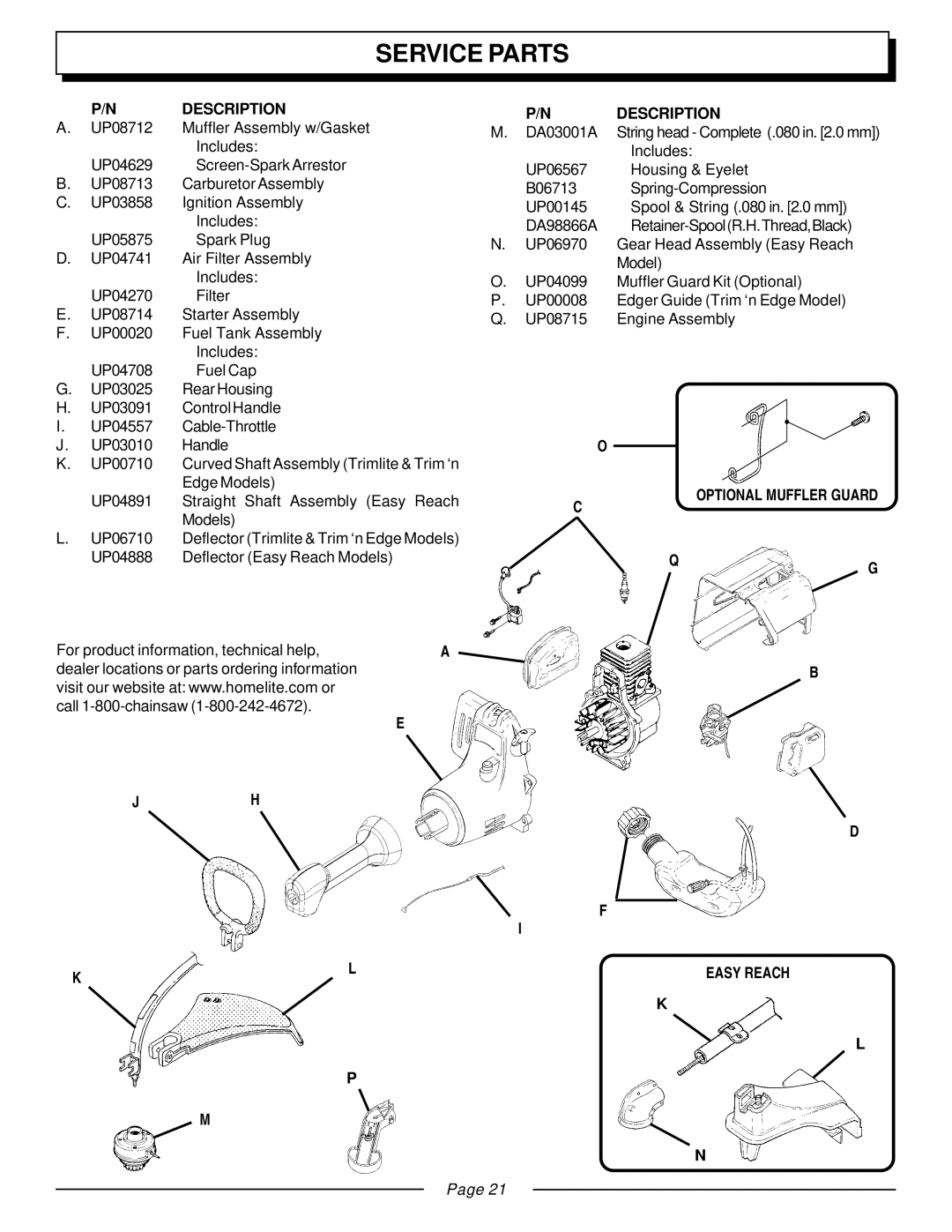 Homelite UT20933, UT20930 manual Service Parts, Description, Optional Muffler Guard, Easy Reach 