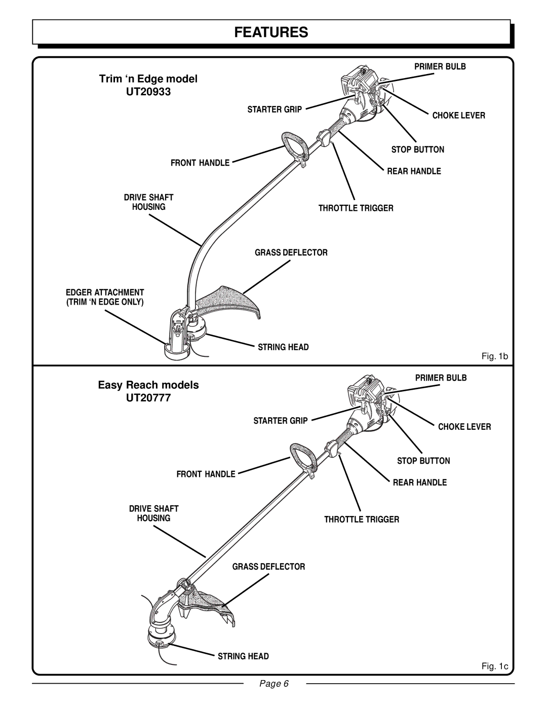 Homelite UT20930, UT20933 manual Features, Grass Deflector 