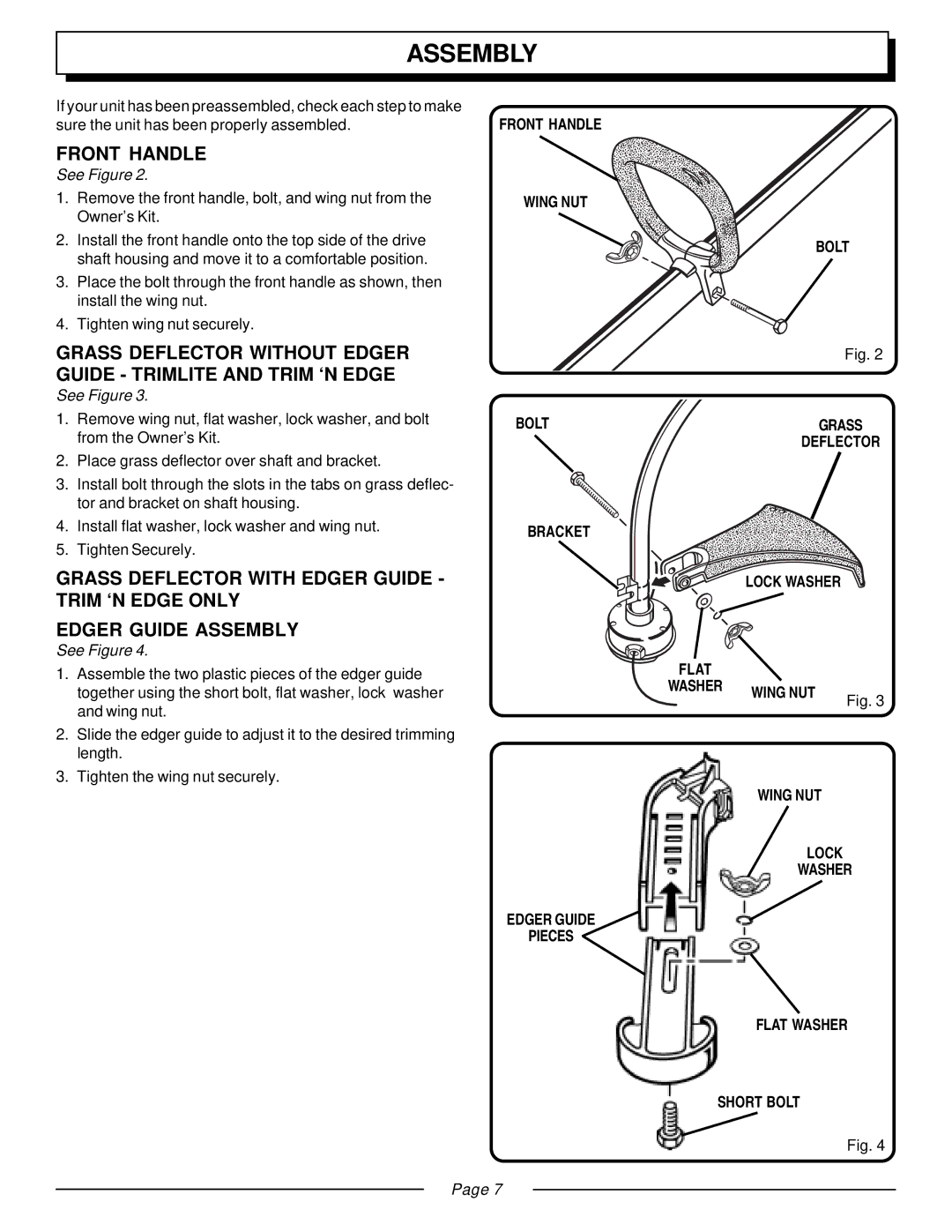 Homelite UT20933, UT20930 manual Assembly, Front Handle, Wing NUT Bolt Bracket, Pieces Bolt Grass Deflector Lock Washer 