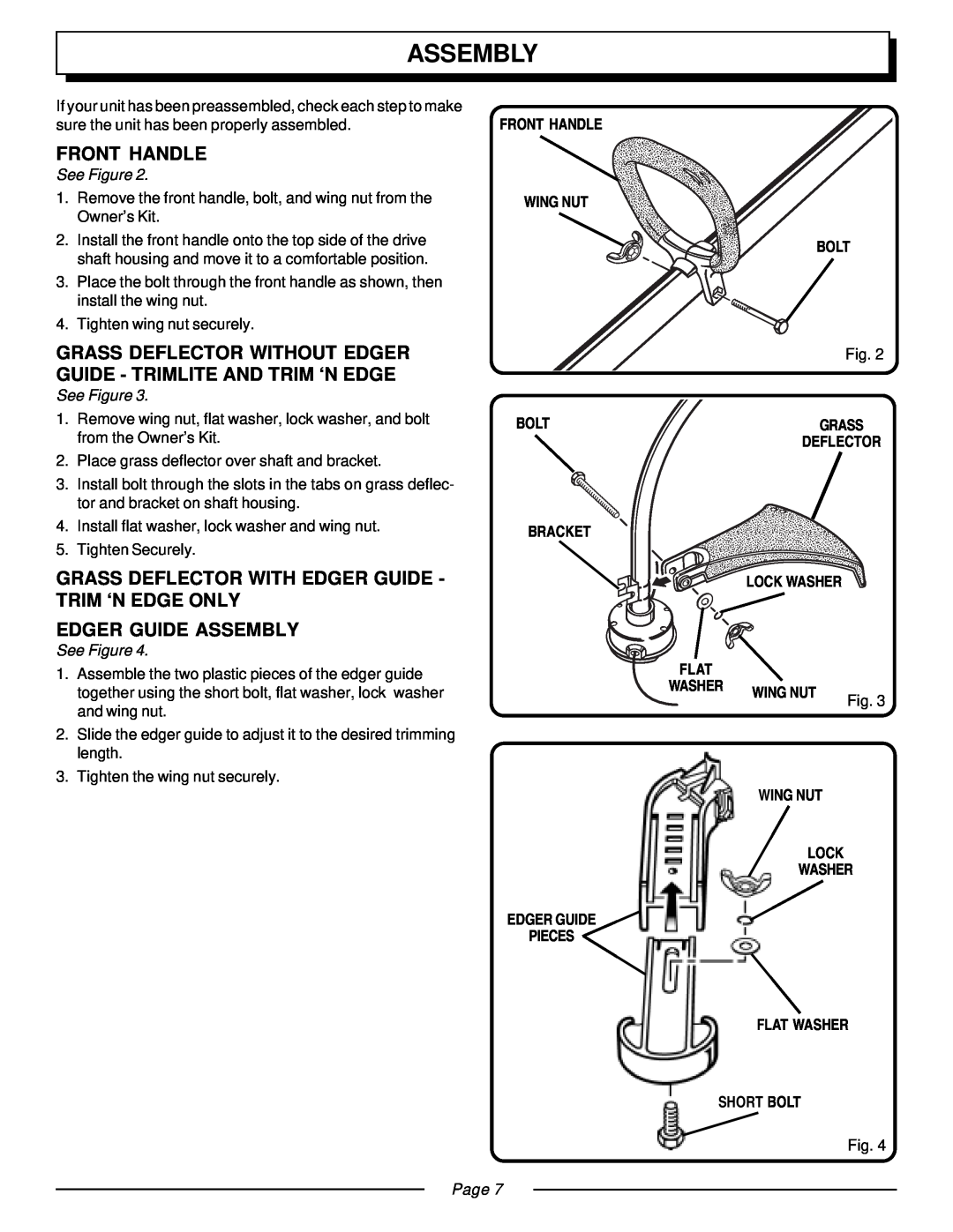 Homelite UT20933, UT20930 manual Front Handle, Edger Guide Assembly, See Figure, Wing Nut Bolt Bracket, Pieces, Page 