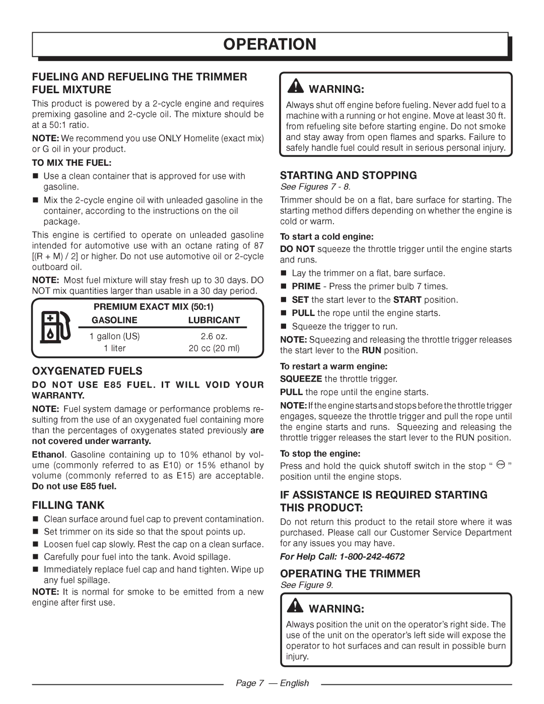 Homelite UT21006 Fuel Mixture, Oxygenated Fuels, Filling Tank, Starting and Stopping, Operating the Trimmer 