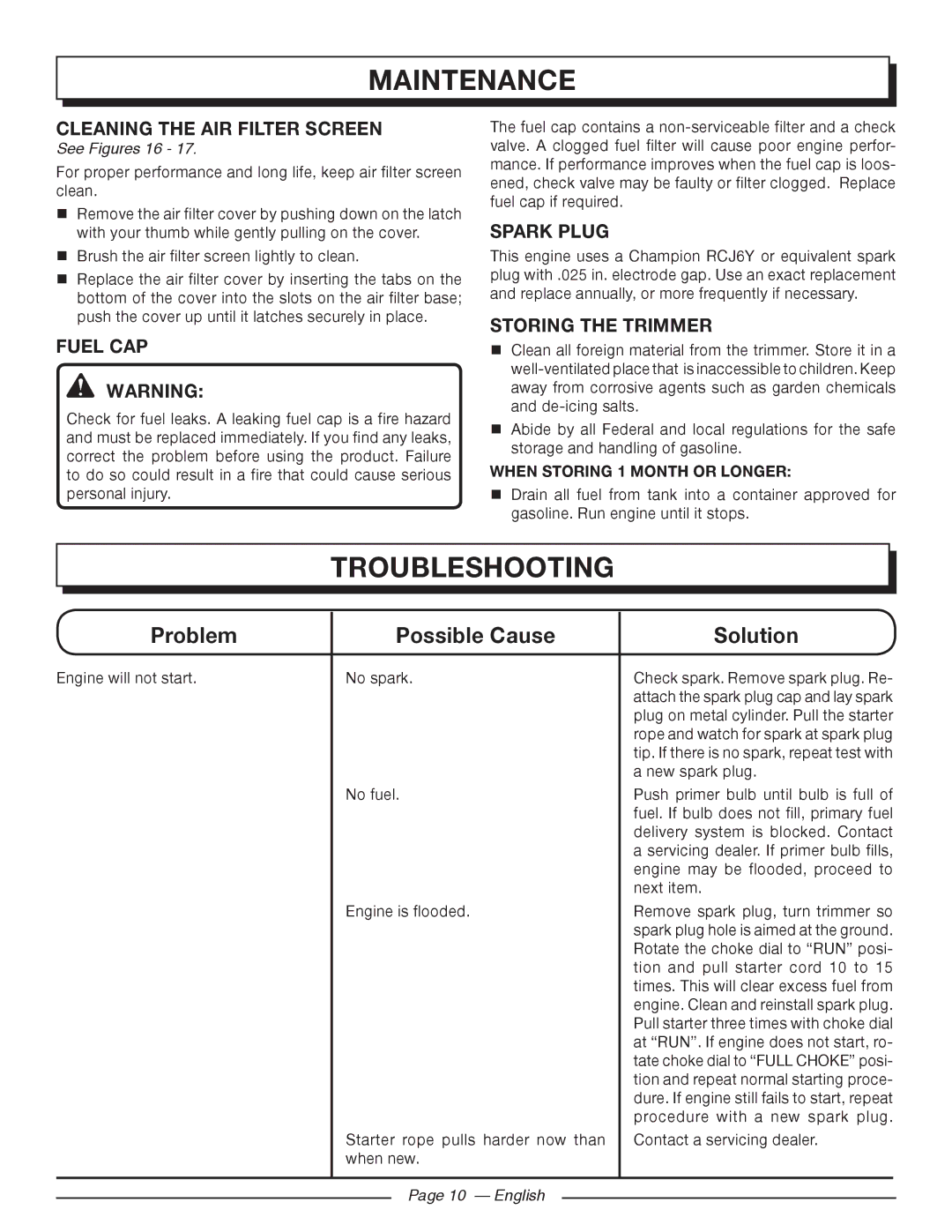 Homelite UT21006 Troubleshooting, Cleaning the AIR Filter Screen, Fuel CAP, Spark Plug, STORing the trimmer 