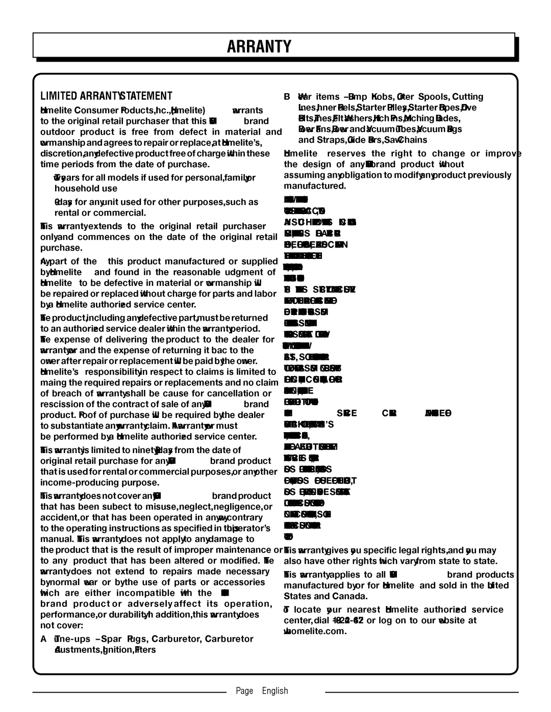 Homelite UT21006 manuel dutilisation Limited Warranty Statement, English 