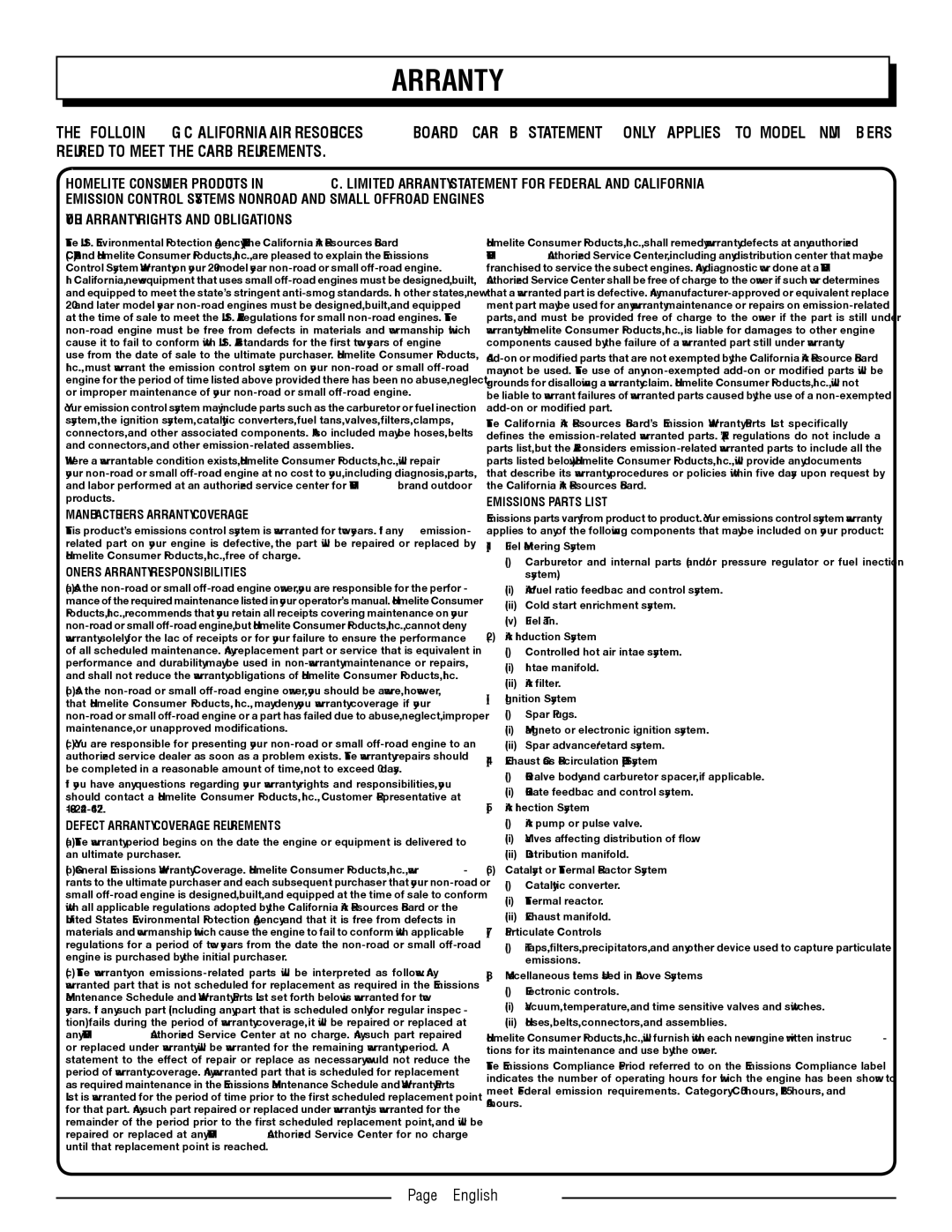 Homelite UT21006 manuel dutilisation English, Your Warranty Rights and Obligations 