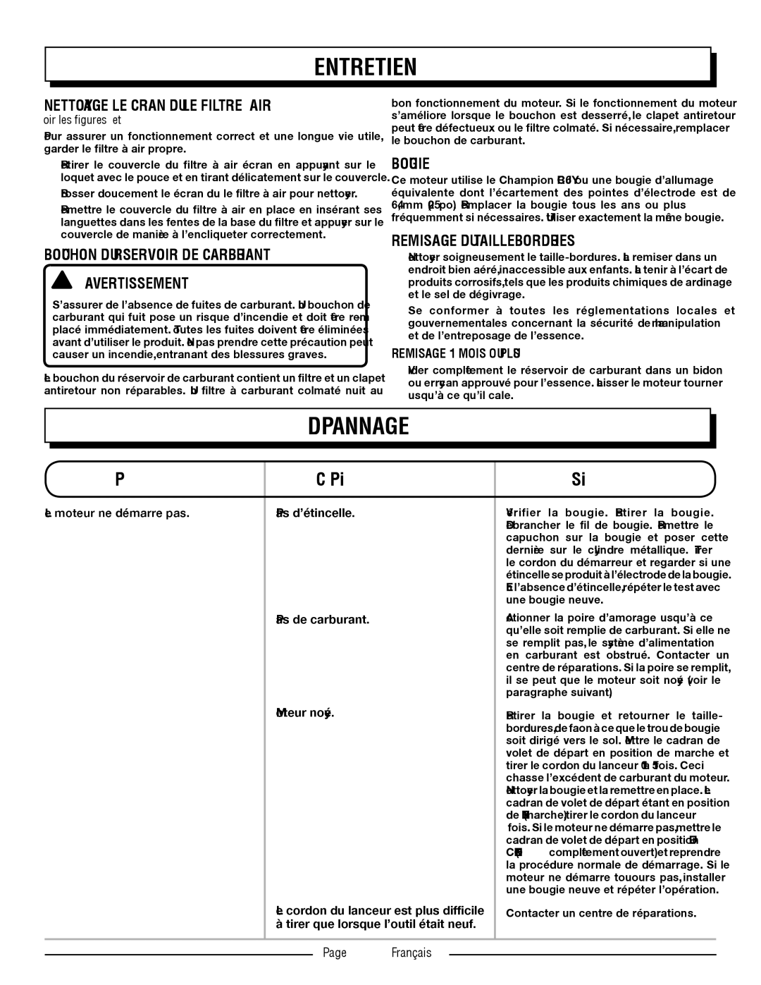 Homelite UT21006 Dépannage, Nettoyage LE écran DU LE Filtre À AIR, Bouchon DU Réservoir DE Carburant AVERTISSEMENT  