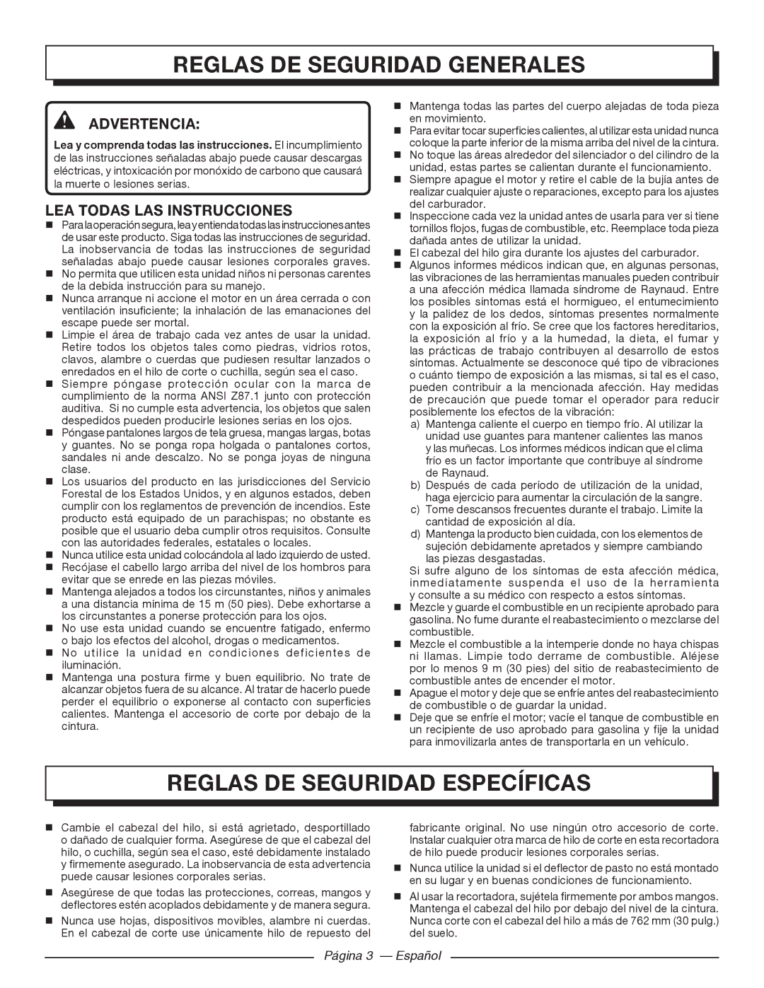 Homelite UT21006 Reglas DE Seguridad Generales, Reglas DE Seguridad Específicas, Advertencia, Lea todas las instrucciones 