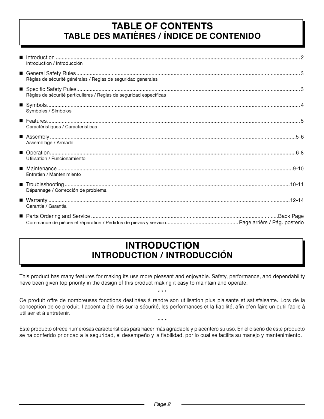 Homelite UT21006 manuel dutilisation Table of Contents 