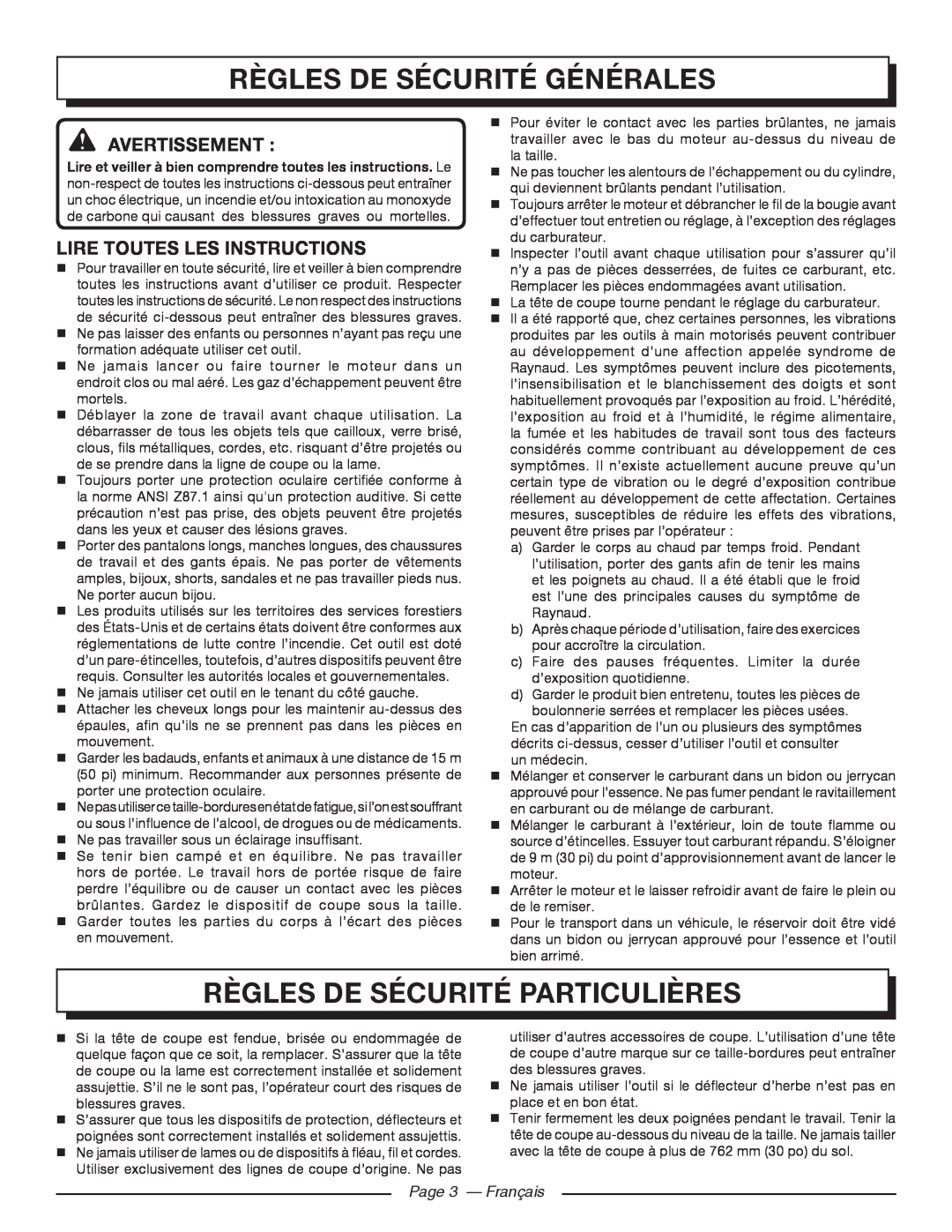Homelite UT21006 Règles De Sécurité Générales, Règles De Sécurité Particulières, Avertissement , Page 3 - Français 