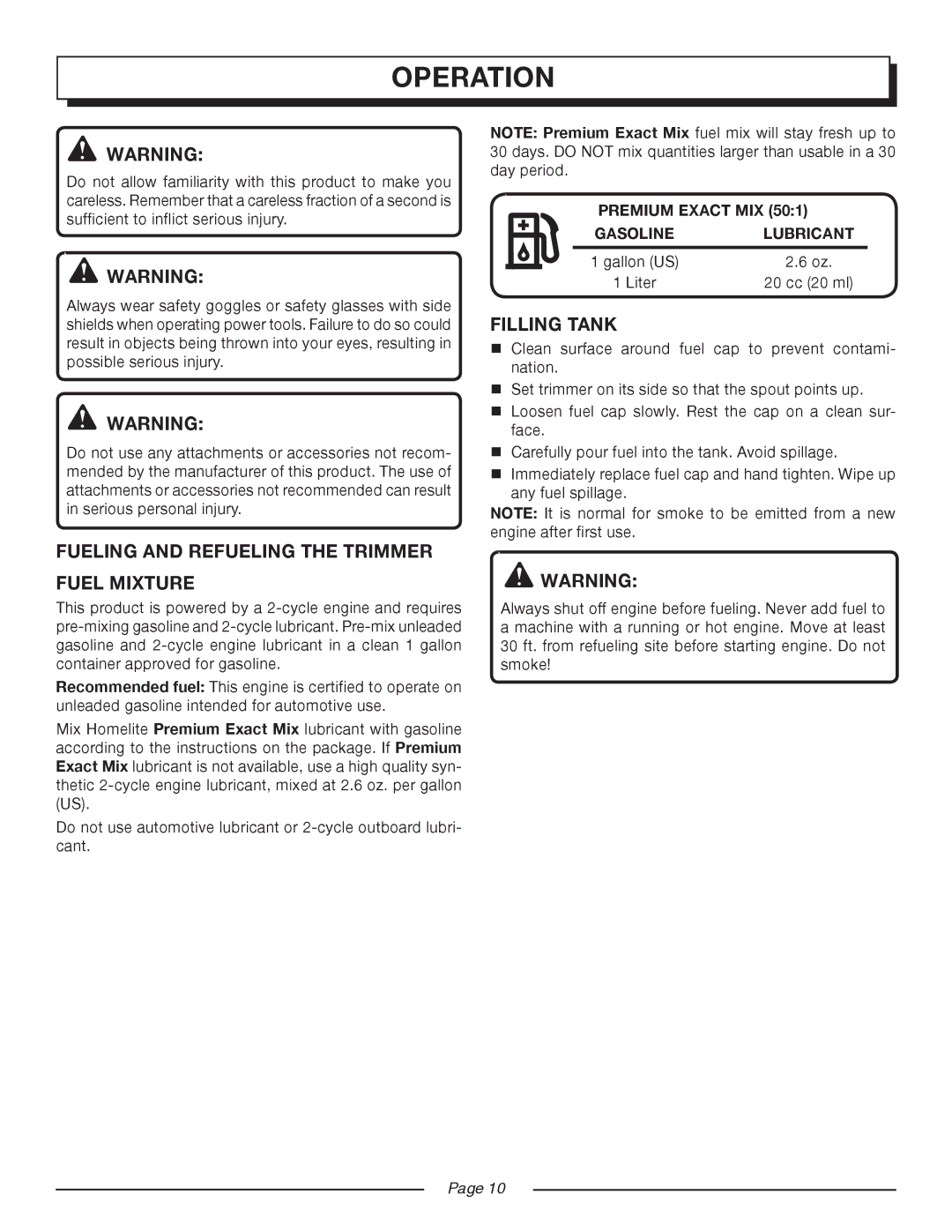 Homelite UT21947, UT21546 manual Operation, Fueling and Refueling the trimmer, Fuel Mixture, Filling Tank, GasolineLubricant 