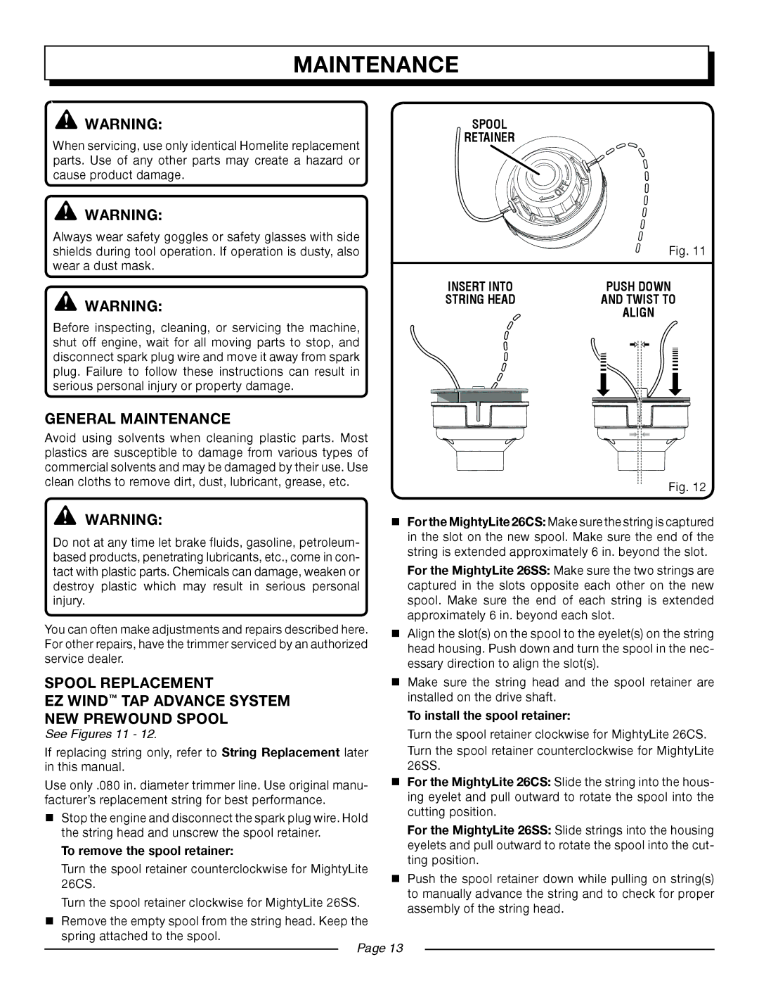 Homelite UT21506, UT21546 manual General Maintenance, Spool Replacement, EZ wind Tap Advance System, New prewound spool 