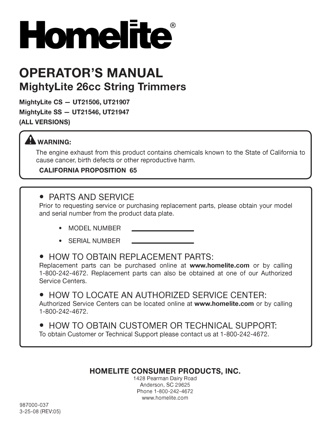 Homelite UT21947, UT21546, UT21506, UT21907 manual Parts and Service, California Proposition 