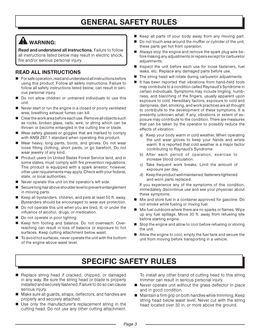 Homelite UT21907, UT21546, UT21506, UT21947 manual General Safety Rules, Specific Safety Rules, Read all instructions 