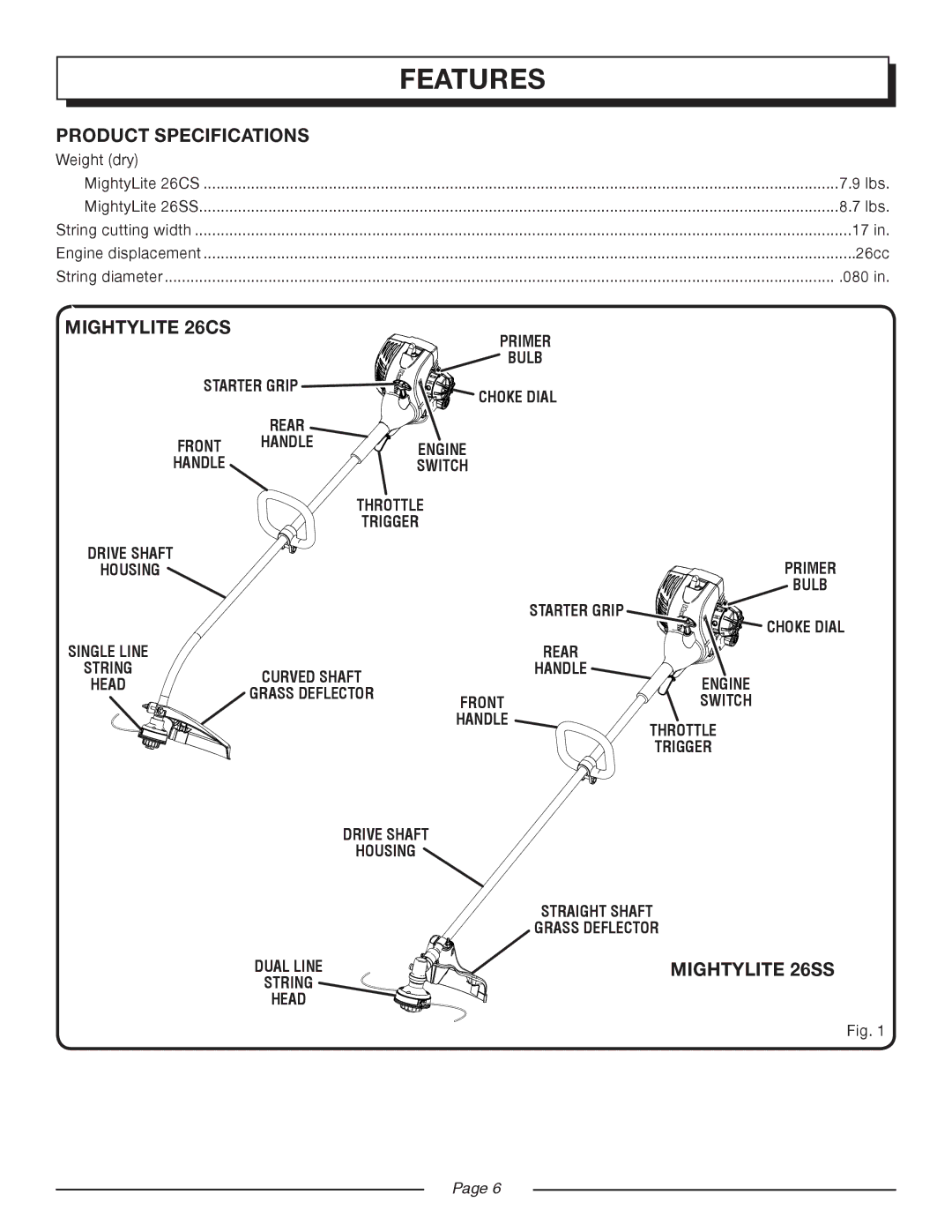 Homelite UT21947, UT21546, UT21506, UT21907 manual Features, Product Specifications 