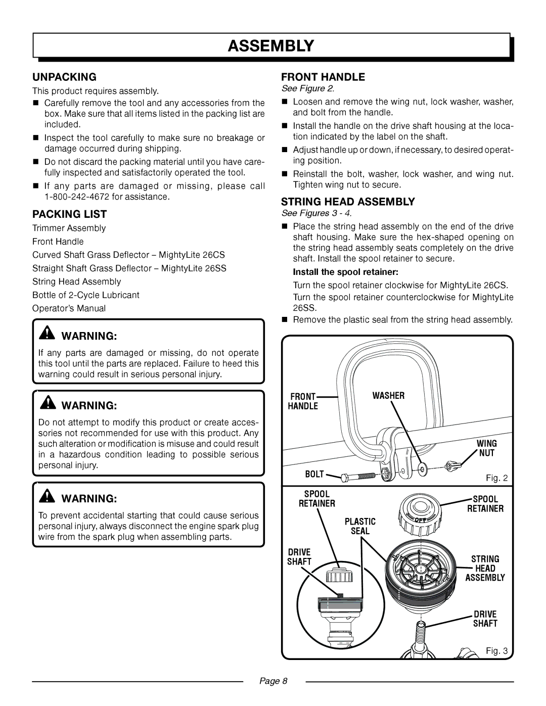 Homelite UT21546, UT21506, UT21947, UT21907 manual Unpacking, Packing List, Front handle, String Head Assembly 