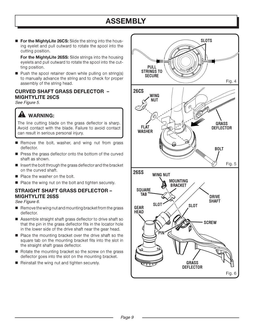 Homelite UT21506 manual Curved shaft Grass Deflector mightylite 26cs, Straight shaft Grass Deflector mightylite 26ss, 26CS 