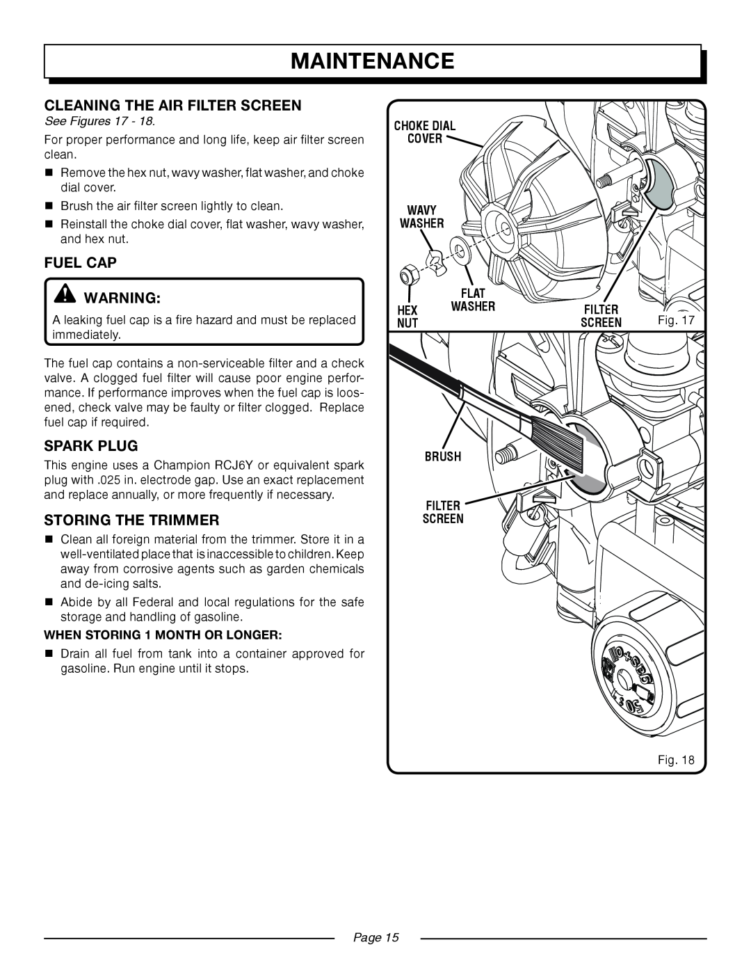 Homelite UT21907 Cleaning The Air Filter Screen, Fuel Cap, Spark Plug, STORing the trimmer, Maintenance, See Figures, Page 